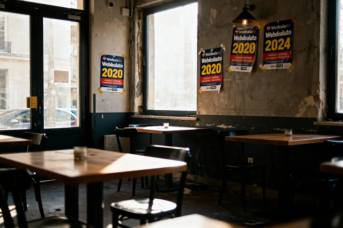 Intérieur d'un café avec affiches 2020 et 2024 sur mur, tables vides, lumière entrant par fenêtres.