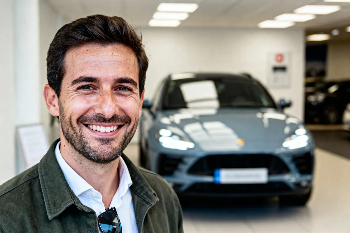 pexels-michal-pech-213601-757318 (1) Homme souriant devant une voiture de luxe grise dans une salle d'exposition de voitures.