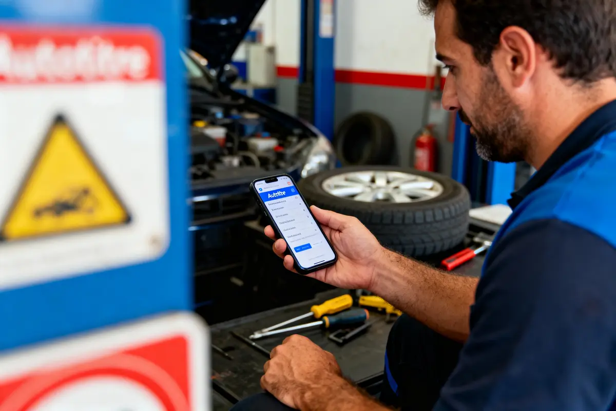 Mécanicien utilisant une application mobile dans un atelier automobile, outils visibles, avertissement de sécurité.