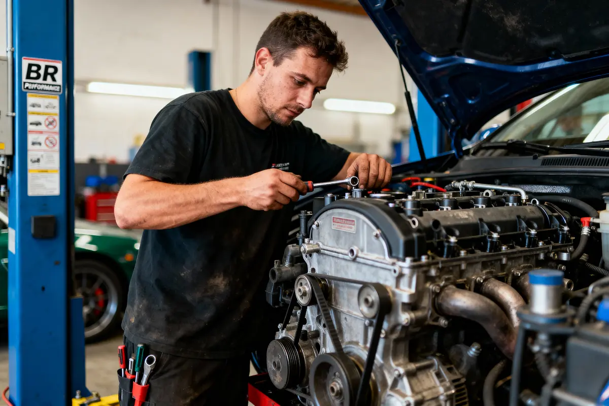 pexels-michal-pech-213601-757318 (1) Un mécanicien répare un moteur sous le capot ouvert d'une voiture dans un garage éclairé.