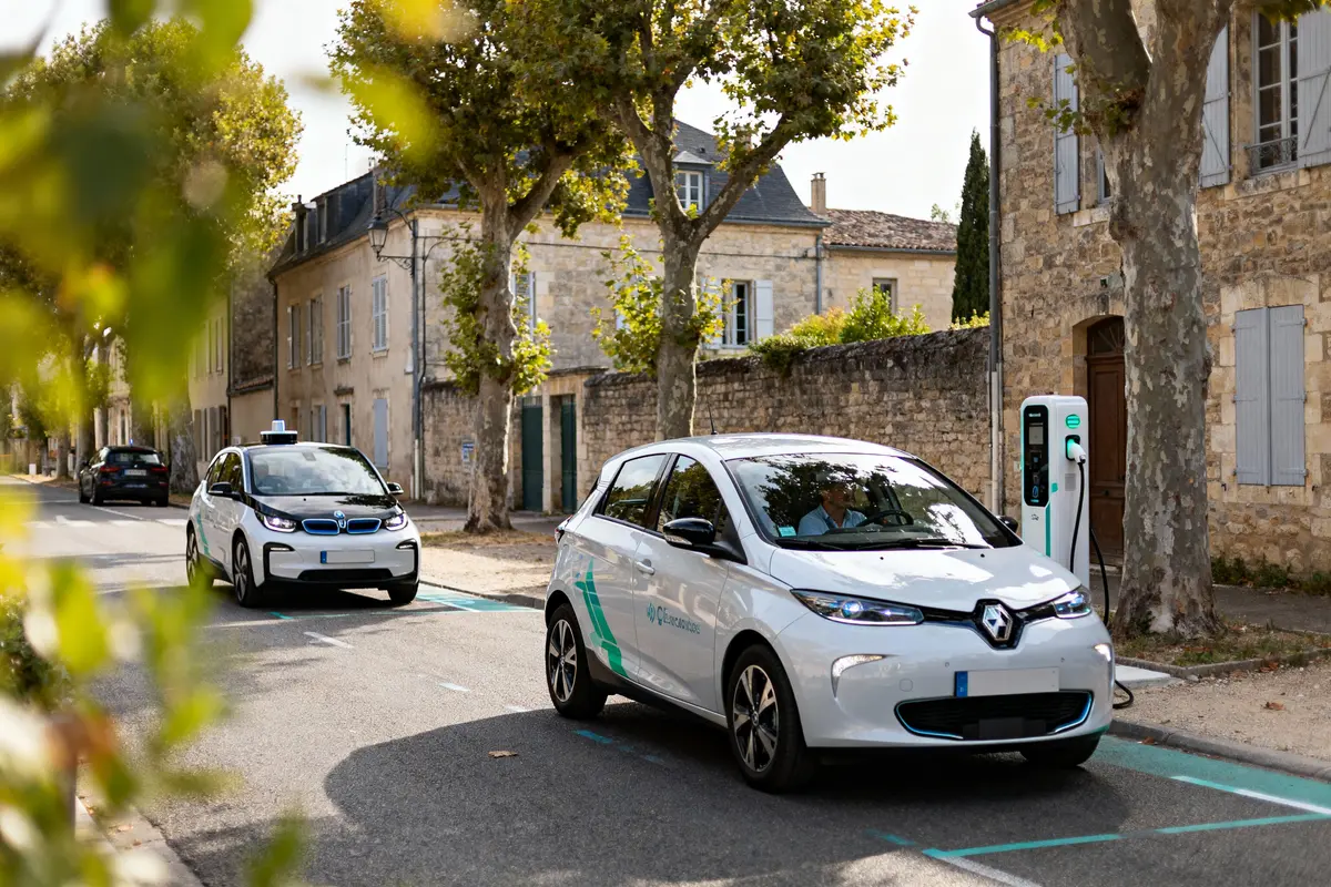 Deux voitures électriques blanches stationnées dans une rue bordée d'arbres, dont une en charge à une borne.