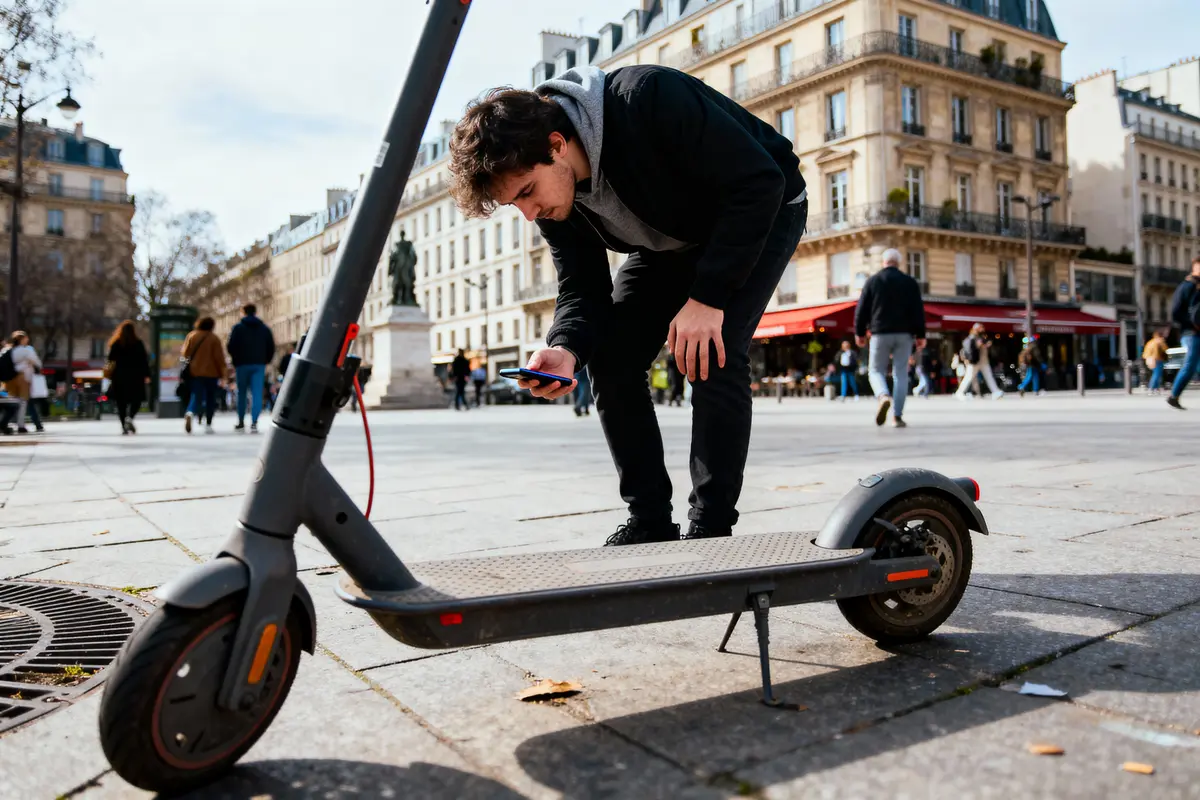 pexels-michal-pech-213601-757318 (1) Homme utilisant smartphone pour vérifier trottinette électrique sur une place animée avec immeubles en arrière-plan.