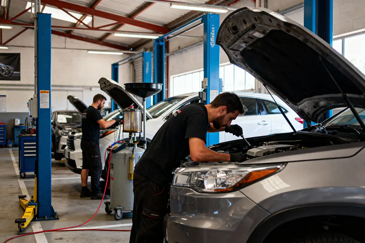 pexels-michal-pech-213601-757318 (1) Mécaniciens travaillant sur voitures dans un garage, capots ouverts, outils et équipement de diagnostic visibles.