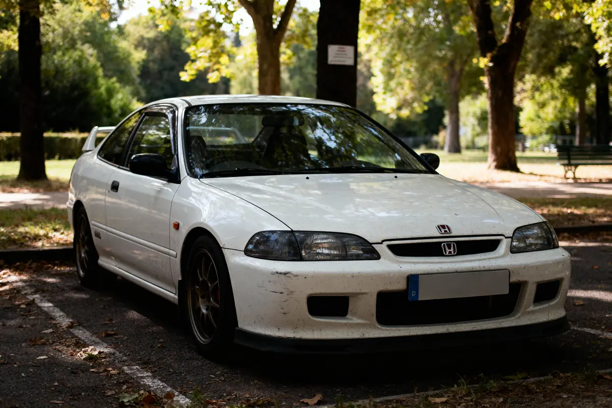 pexels-michal-pech-213601-757318 (1) Voiture Honda blanche garée dans un parc ombragé avec arbres et bancs en arrière-plan.