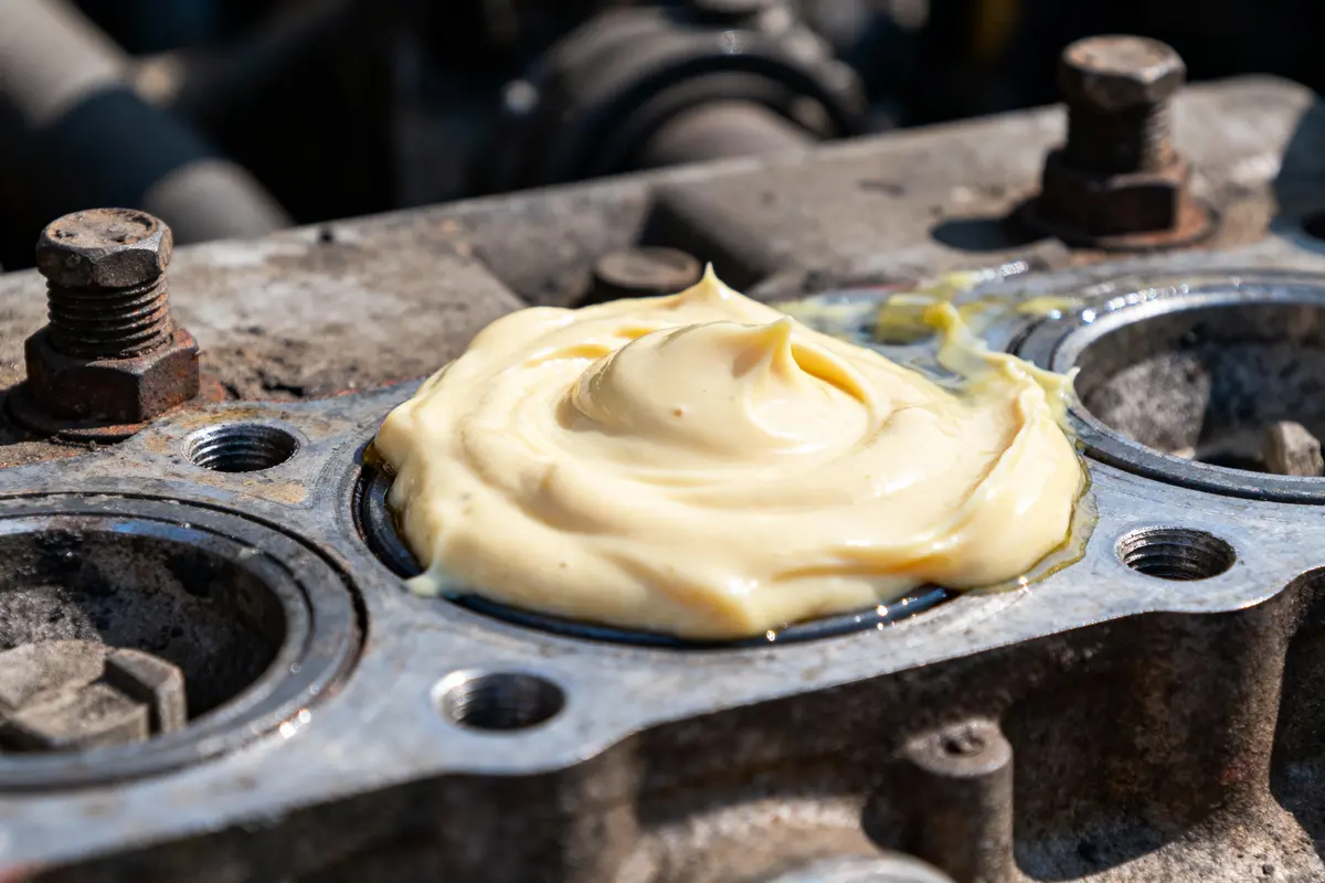 pexels-michal-pech-213601-757318 (1) Pâte crémeuse ressemblant à de la mayonnaise posée sur une tête de moteur métallique sale.