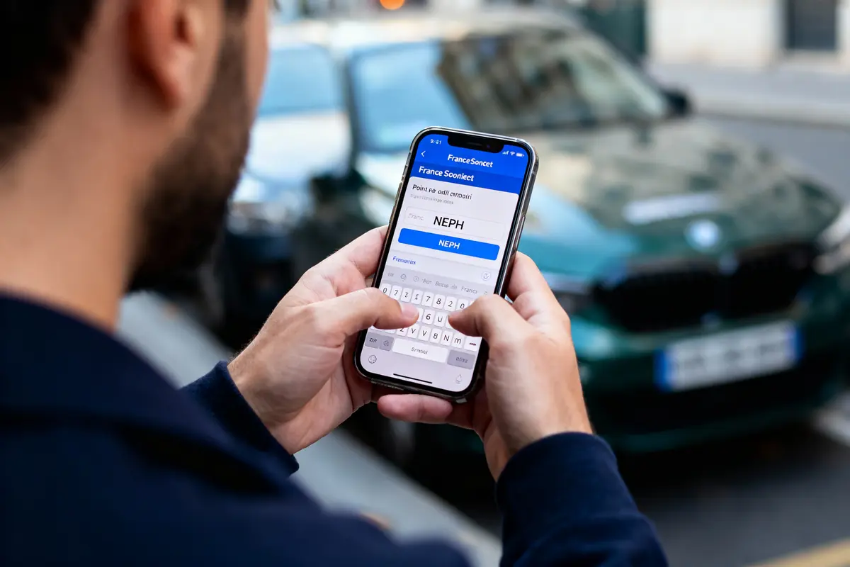 Homme utilisant une application mobile "France-Sonect" pour saisir "NEPH", en arrière-plan voiture vert foncé.