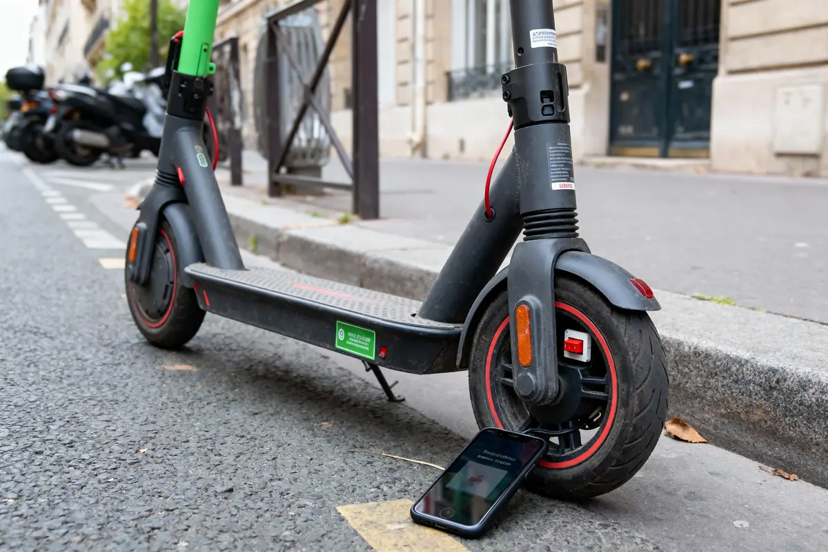 Trottinette électrique garée sur le trottoir, smartphone posé contre la roue avant, rue urbaine en arrière-plan.