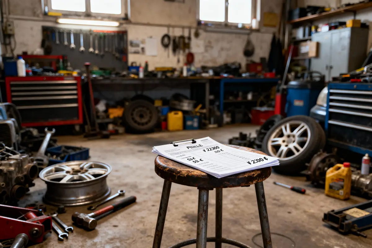 pexels-michal-pech-213601-757318 (1) Atelier mécanique avec outils, factures sur tabouret, pneus et carrosserie de voiture en arrière-plan.
