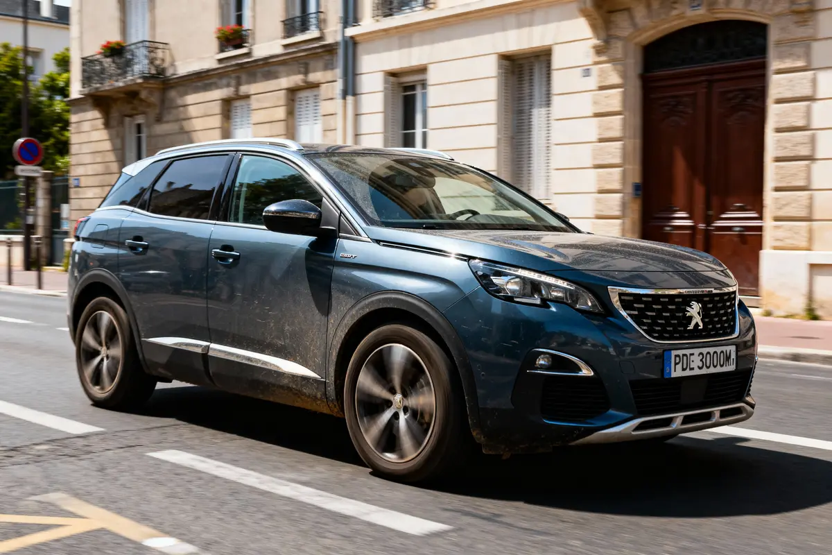 pexels-michal-pech-213601-757318 (1) SUV bleu Peugeot roulant en ville, devant bâtiments en pierre, pendant la journée, plaque d'immatriculation visible.