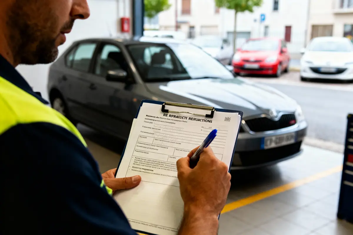 pexels-michal-pech-213601-757318 (1) Un homme remplit un formulaire sur clip-board devant une voiture dans un garage.
