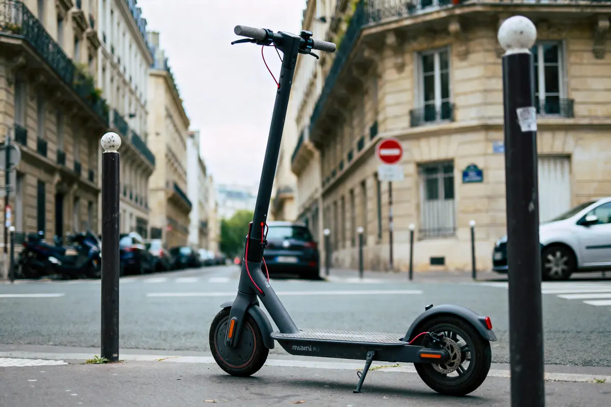 pexels-michal-pech-213601-757318 (1) Trottinette électrique garée dans une rue parisienne, immeubles haussmanniens en arrière-plan, ambiance urbaine calme.