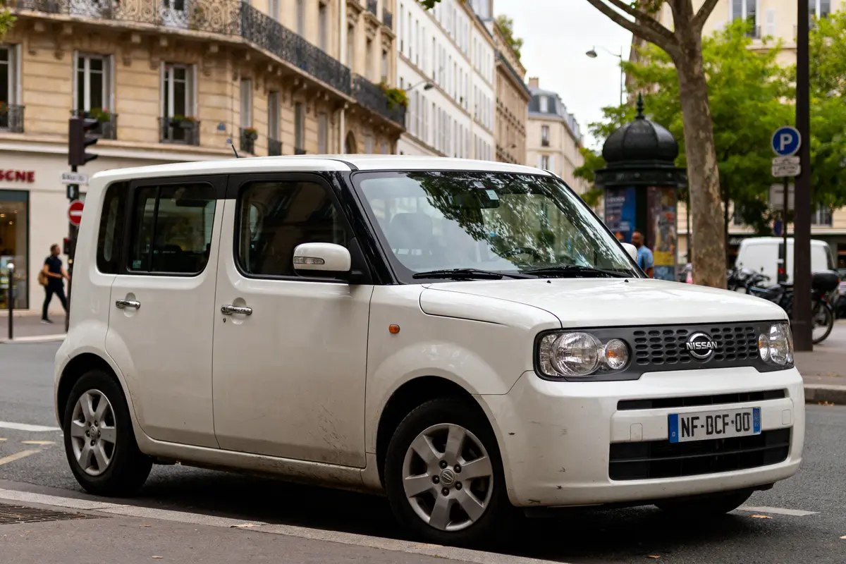 Voiture blanche Nissan Cube stationnée dans une rue urbaine avec des bâtiments et arbres en arrière-plan.