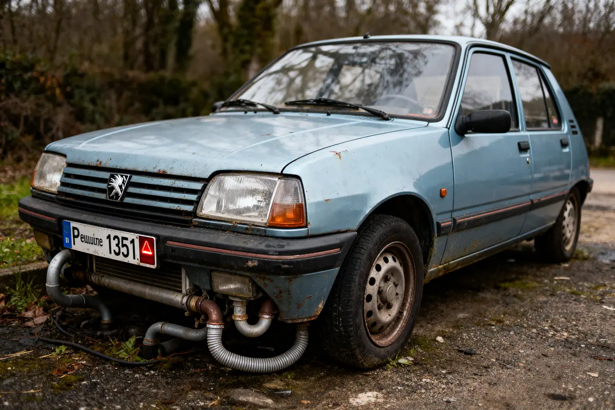 pexels-michal-pech-213601-757318 (1) Vieille voiture Peugeot bleue, légèrement rouillée, garée sur route, entourée d'arbres en arrière-plan. Plaque d'immatriculation visible.