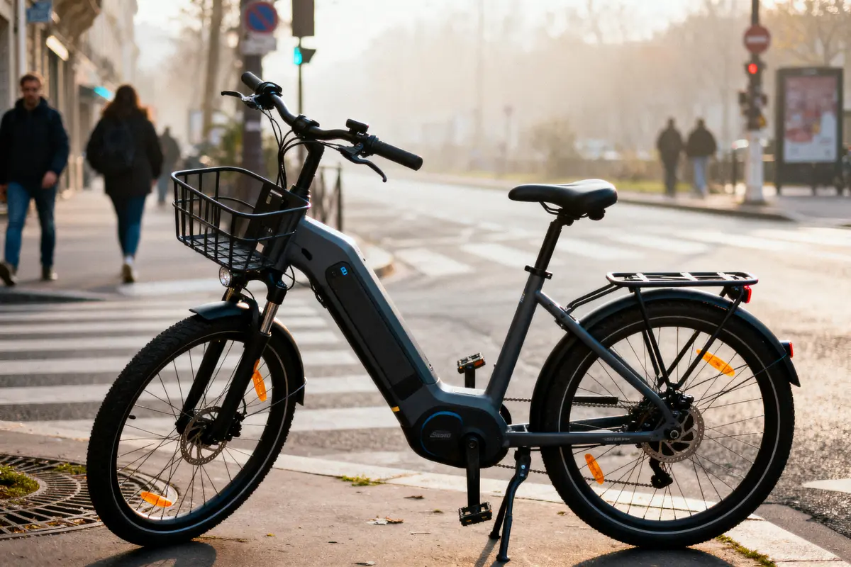 pexels-michal-pech-213601-757318 (1) Vélo électrique stationné sur un trottoir urbain, matin ensoleillé, passants et panneaux en arrière-plan flou.