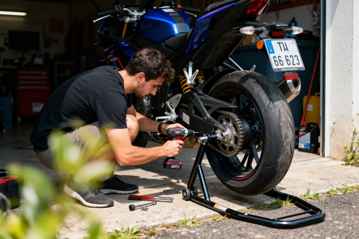 pexels-michal-pech-213601-757318 (1) Homme réparant une moto bleue dans un garage, utilisant une perceuse électrique. Outils autour de lui.