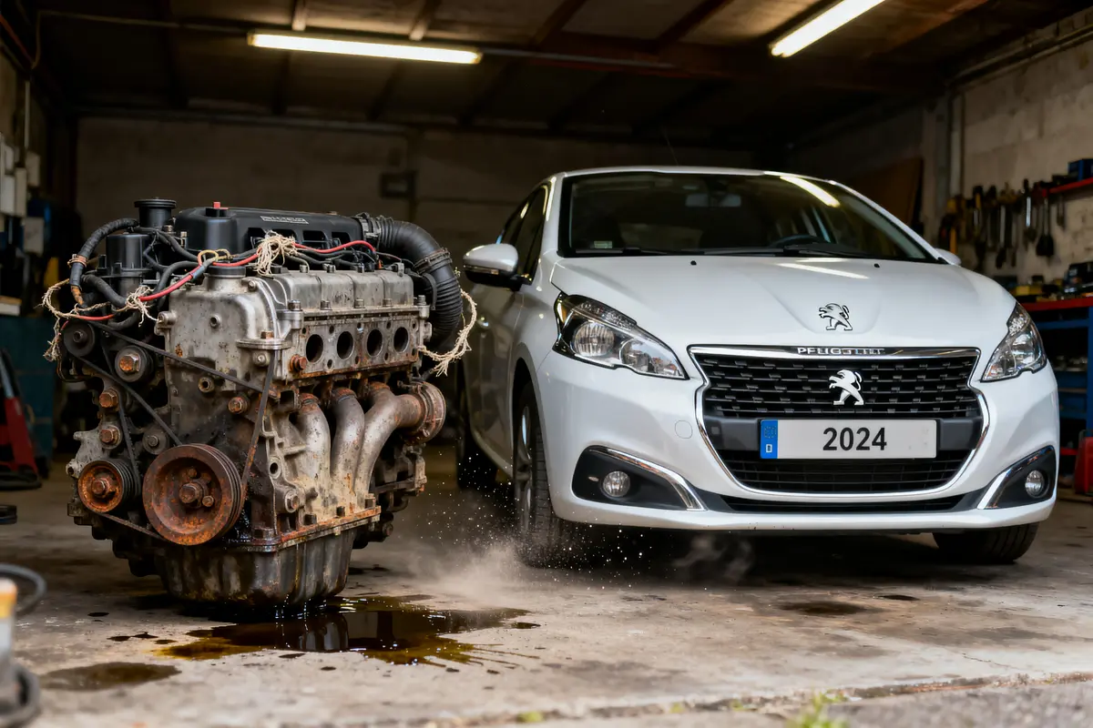 pexels-michal-pech-213601-757318 (1) Vieil moteur à côté d'une voiture Peugeot blanche dans un garage. Sol taché d'huile.