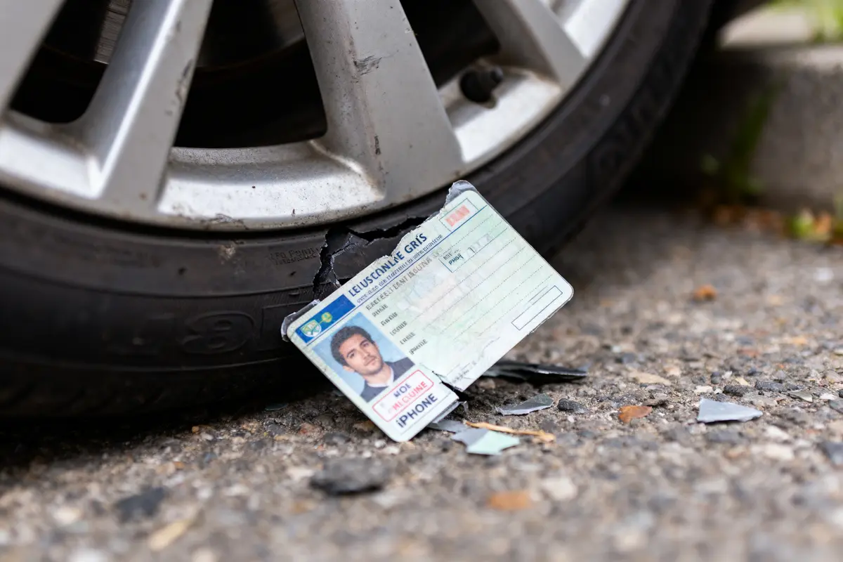 pexels-michal-pech-213601-757318 (1) Carte d'identité endommagée sous un pneu de voiture sur une route.