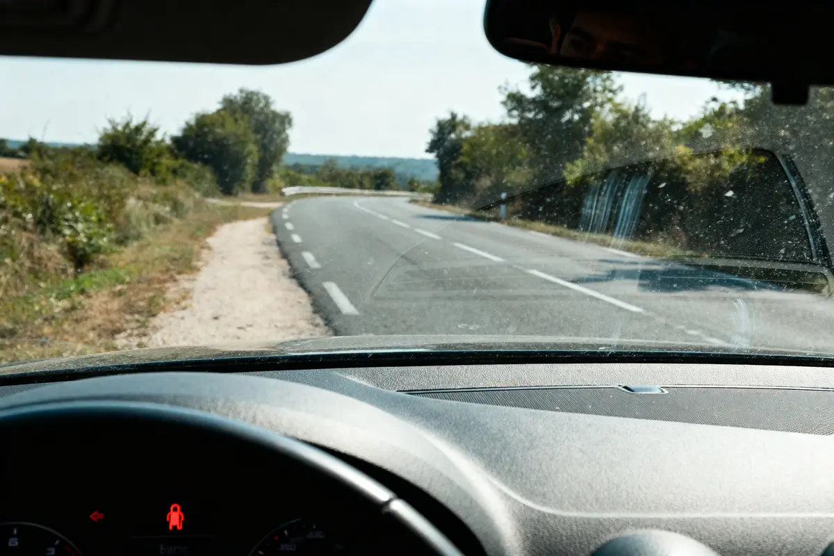 pexels-michal-pech-213601-757318 (1) Vue intérieure d'une voiture conduite sur une route sinueuse entourée de verdure, sous un ciel clair.