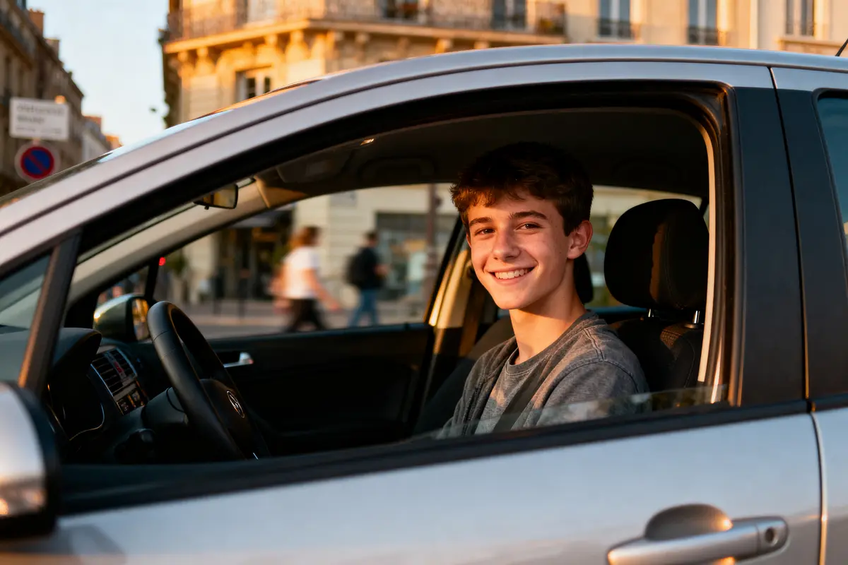 pexels-michal-pech-213601-757318 (1) Jeune homme souriant assis au volant d'une voiture, rue ensoleillée en arrière-plan.