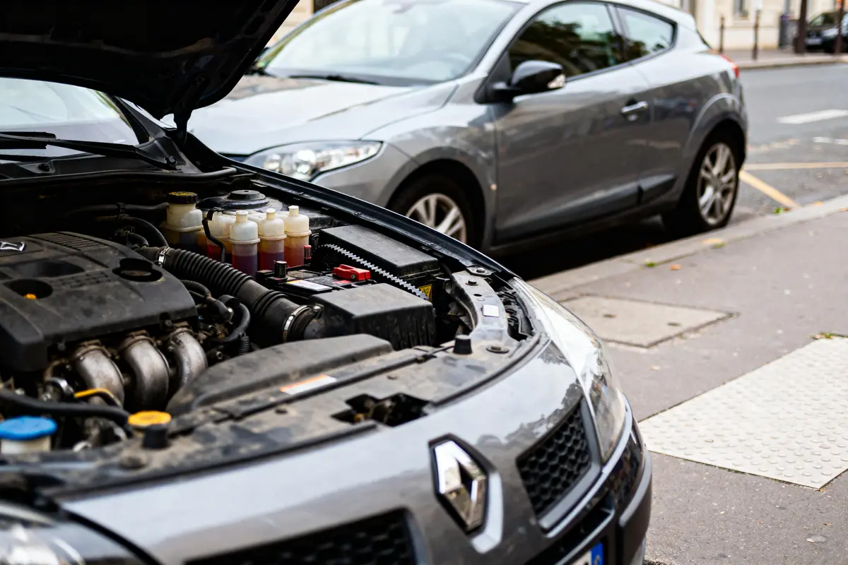 pexels-michal-pech-213601-757318 (1) Capot d'une voiture Renault ouvert avec moteur visible, stationnée en rue, autre voiture en arrière-plan.