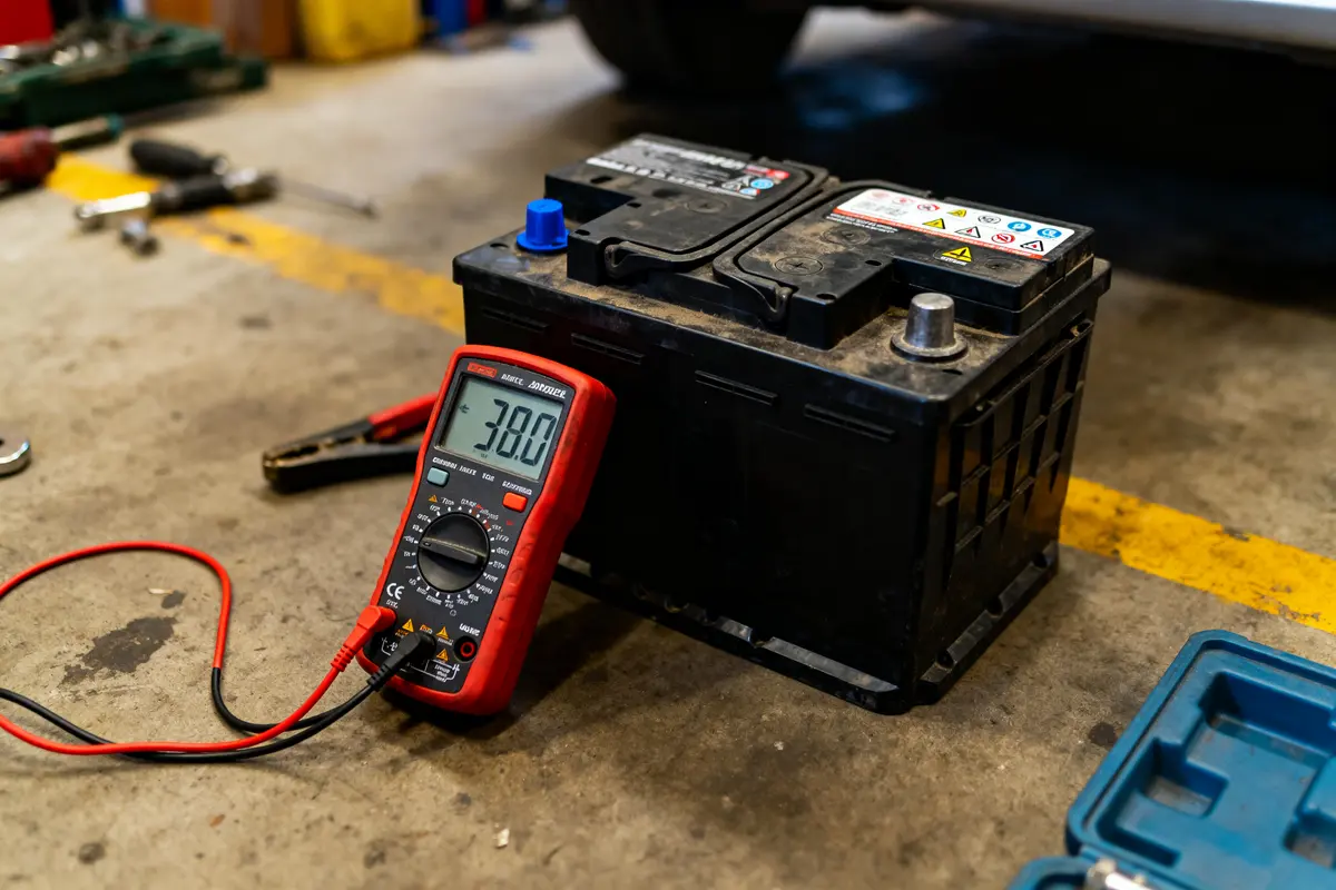 pexels-michal-pech-213601-757318 (1) Batterie de voiture sur sol de garage, testée avec un multimètre rouge affichant 3.80 volts.
