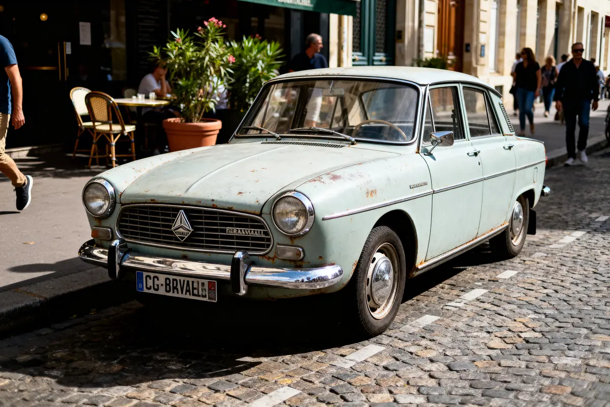 pexels-michal-pech-213601-757318 (1) Vieille voiture stationnée sur rue pavée, près d'une terrasse de café avec plantes et chaises en arrière-plan.