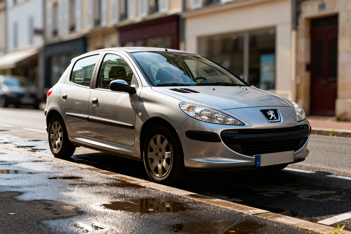 pexels-michal-pech-213601-757318 (1) Hatchback Peugeot 206 argentée garée sur une rue mouillée en milieu urbain