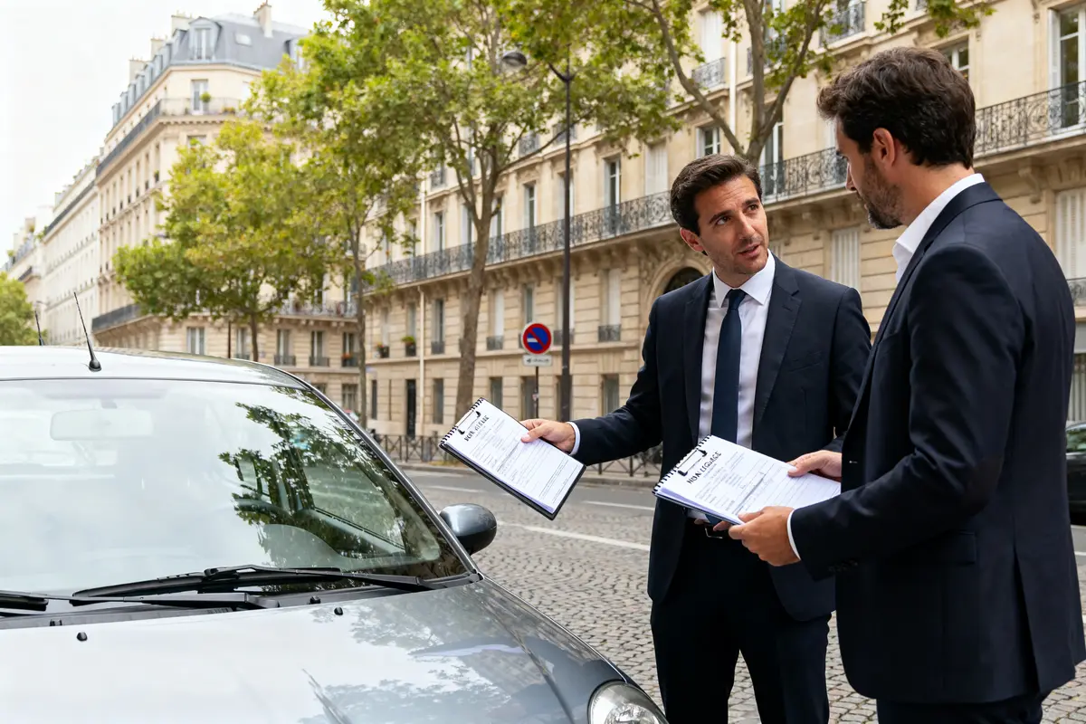 pexels-michal-pech-213601-757318 (1) Deux hommes discutent des obligations du vendeur professionnel pour une voiture d'occasion devant véhicule