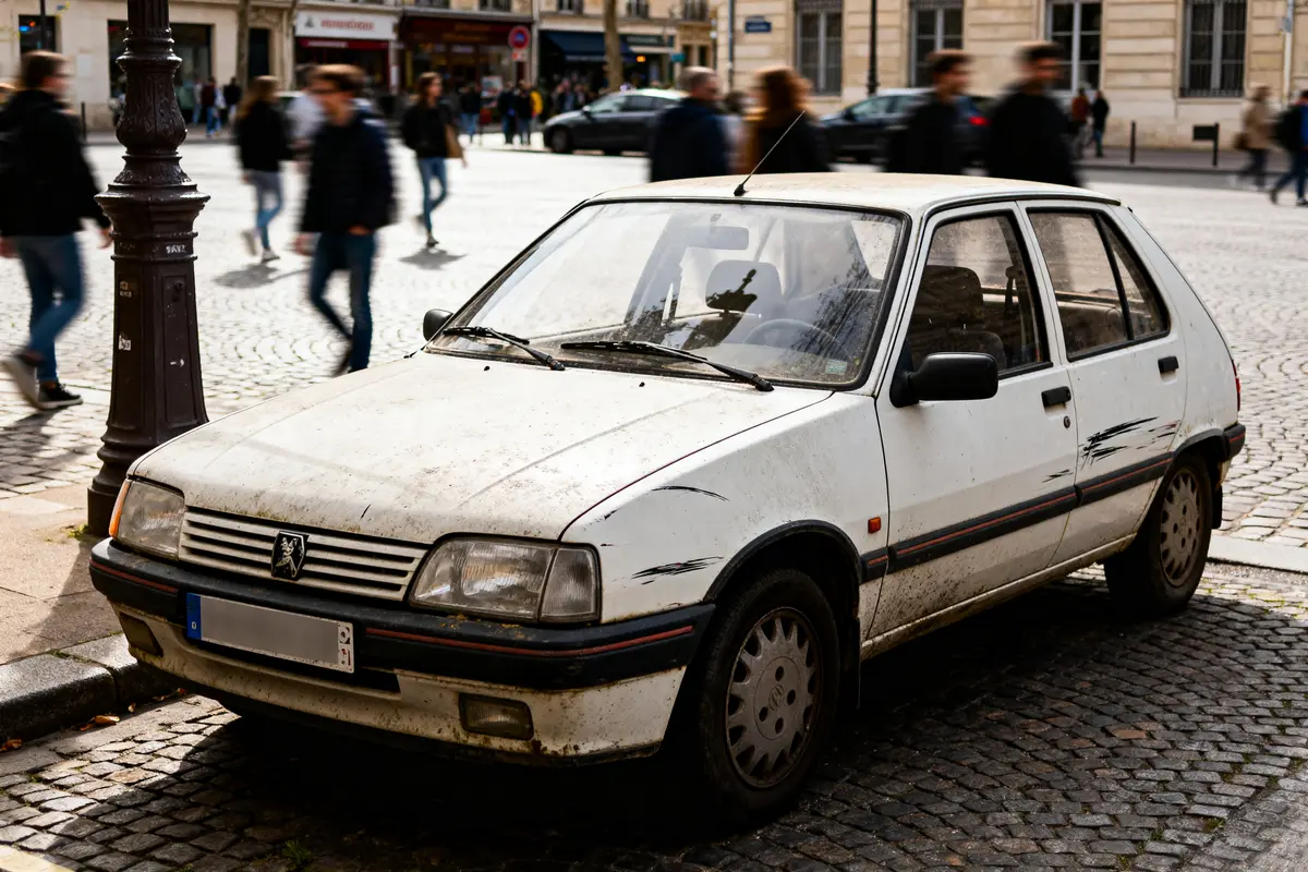 Vieille Peugeot blanche échappant au temps sur une rue pavée, symbolisant l'historique voiture française