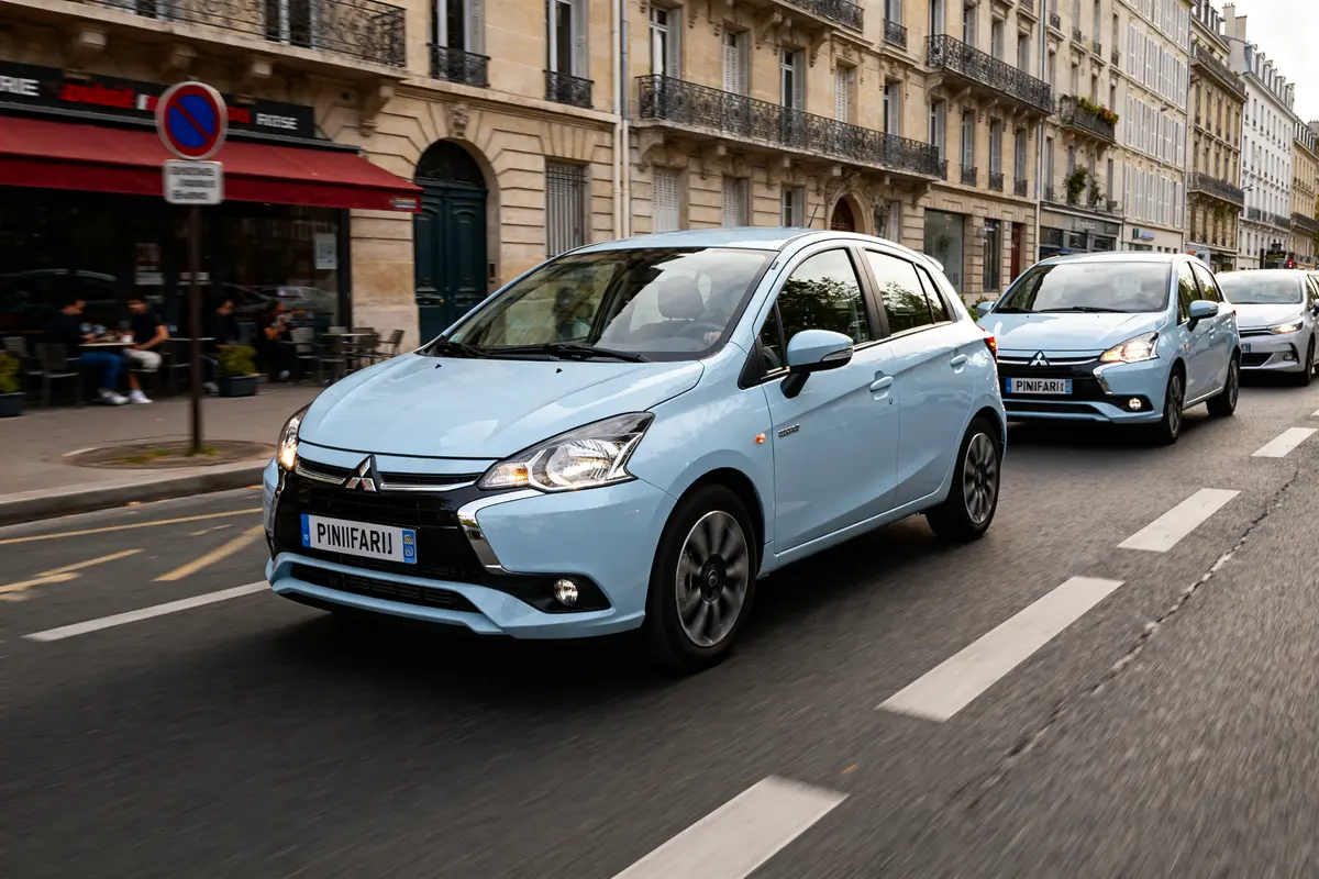 pexels-michal-pech-213601-757318 (1) Deux voitures Mitsubishi Colt circulent en ville devant un café français