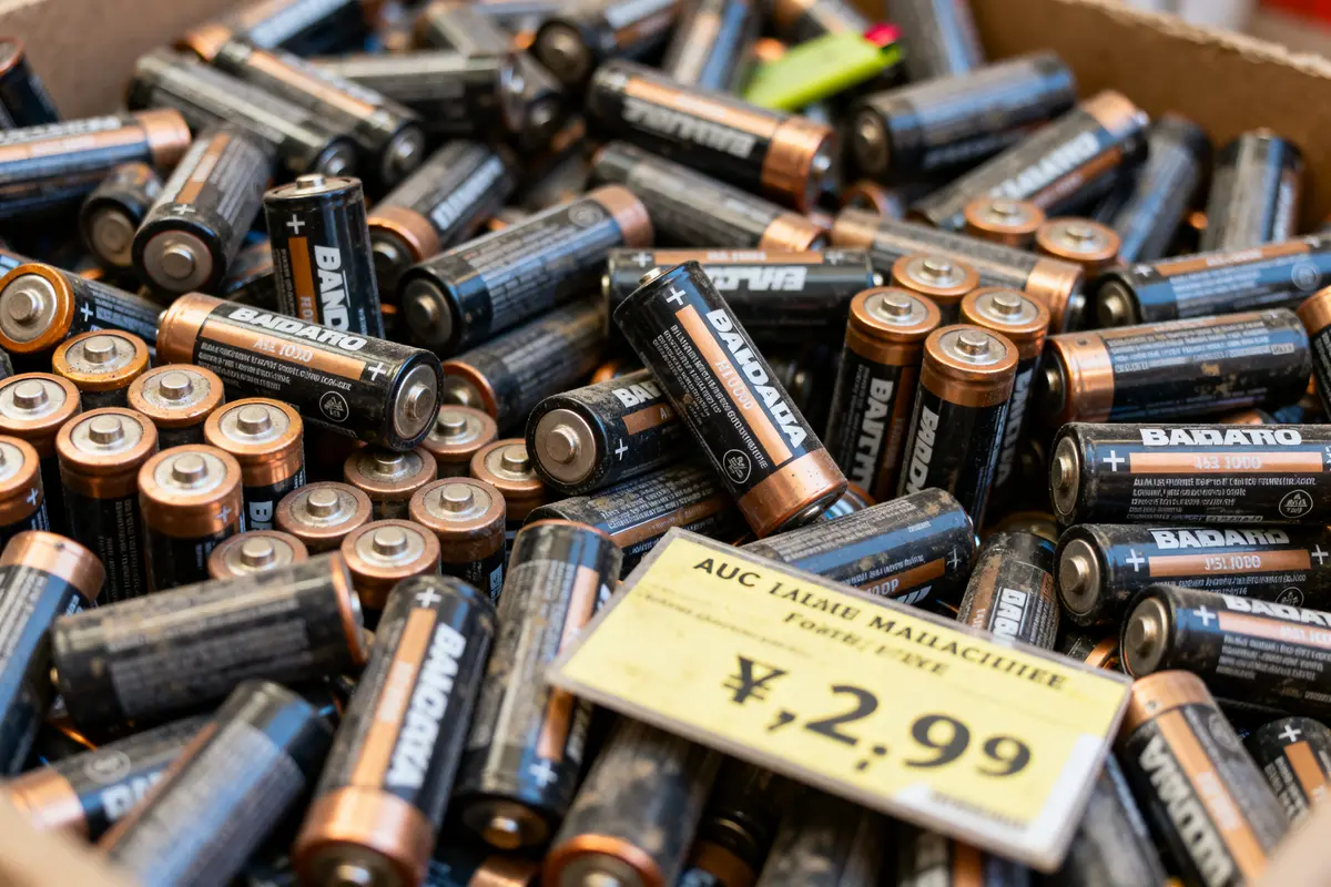 pexels-michal-pech-213601-757318 (1) Pile de batteries avec étiquette indiquant le prix des batteries au kilo en magasin.