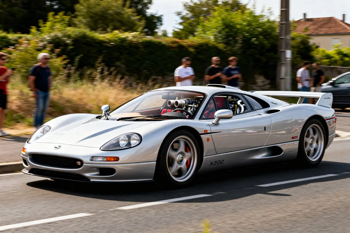 pexels-michal-pech-213601-757318 (1) Supercar Jaguar 220 argentée sur route avec spectateurs en arrière-plan
