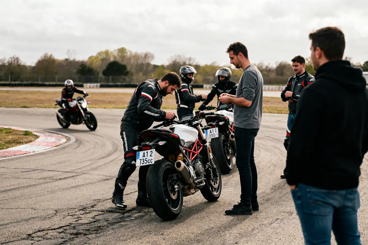 Personnes en formation pratique à la moto-école près de Bordeaux Lac sur circuit routier